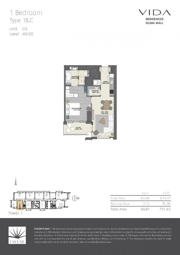 Vida Residences Dubai Mall 1BR C 600x849 - Floor Plans - Vida Residences Dubai Mall