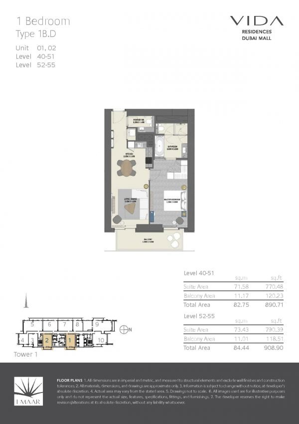 Vida Residences Dubai Mall 1BR D 600x849 - Floor Plans - Vida Residences Dubai Mall