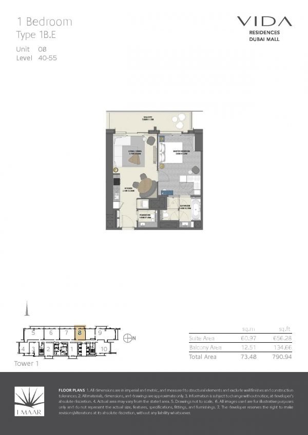 Vida Residences Dubai Mall 1BR E 600x849 - Floor Plans - Vida Residences Dubai Mall