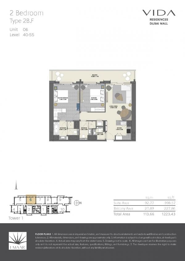 Vida Residences Dubai Mall 2 BR F 600x849 - Floor Plans - Vida Residences Dubai Mall