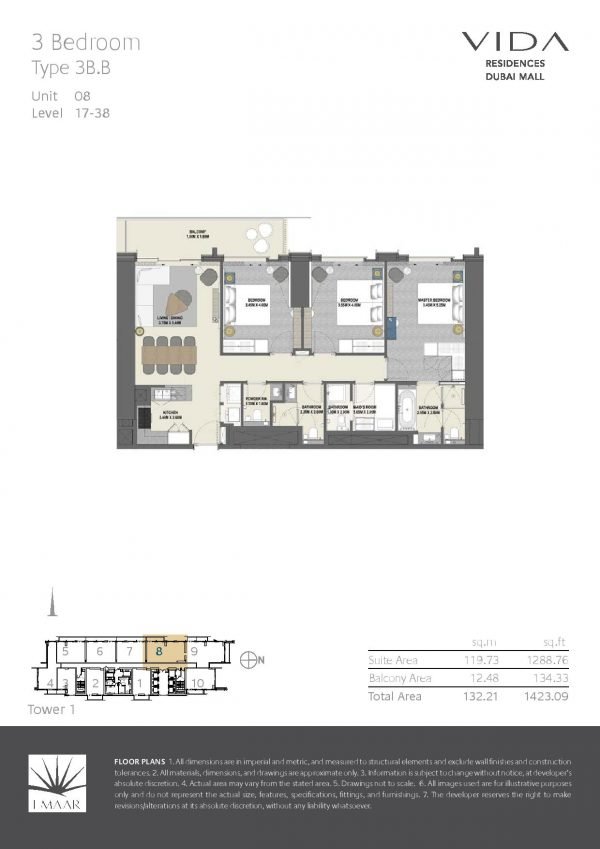 Vida Residences Dubai Mall 3 BR B 600x849 - Floor Plans - Vida Residences Dubai Mall